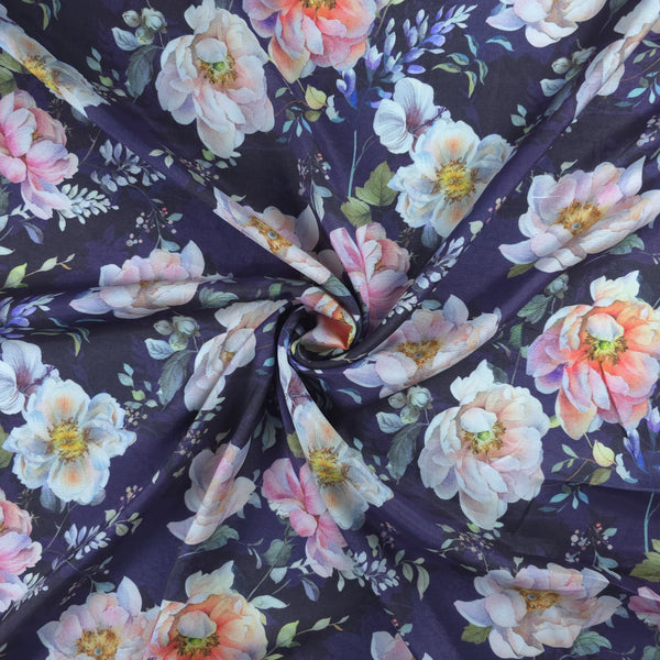 Elegant Blossom Garden Printed Muslin Fabric