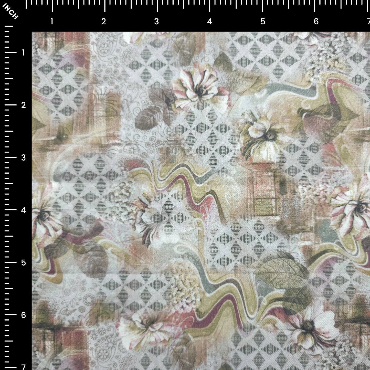 Abstract Floral Geometric Printed Satin Fabric