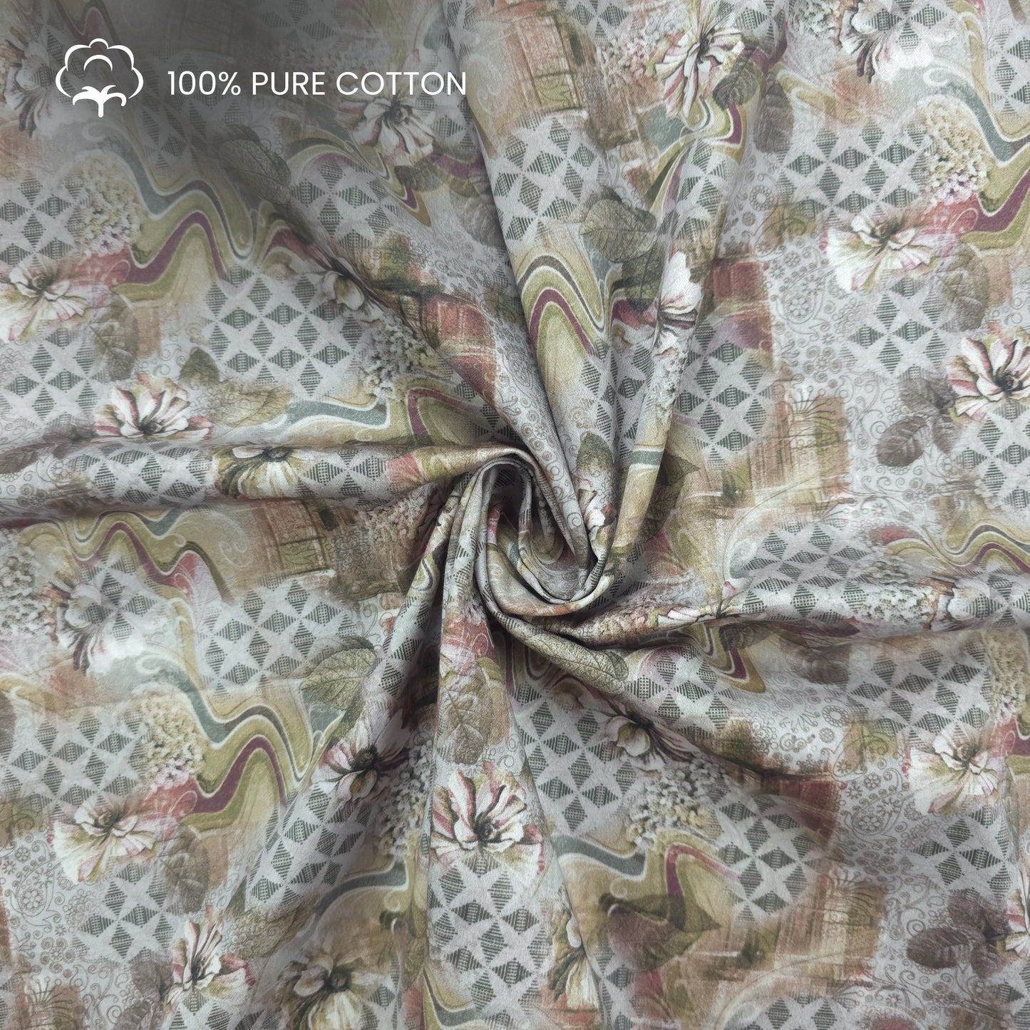 Abstract Floral Geometric Printed Satin Fabric