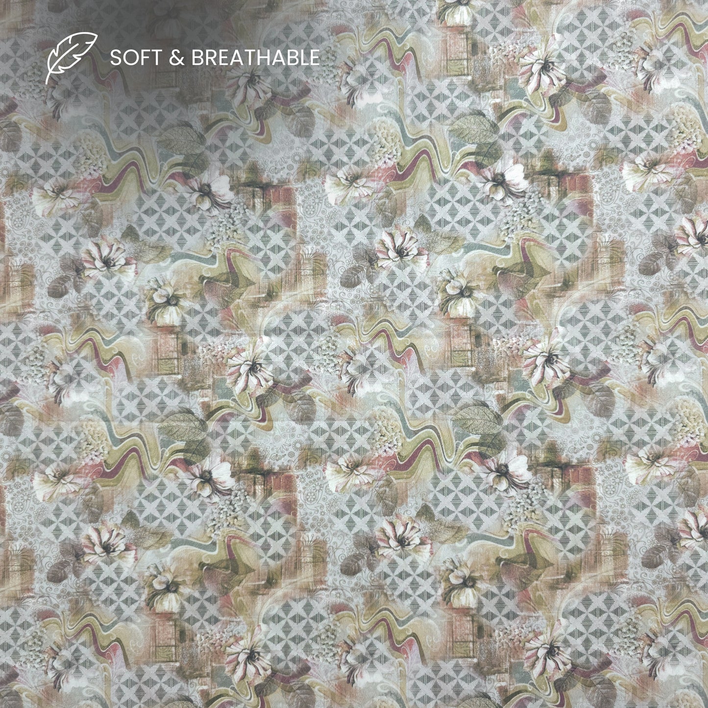 Abstract Floral Geometric Printed Satin Fabric