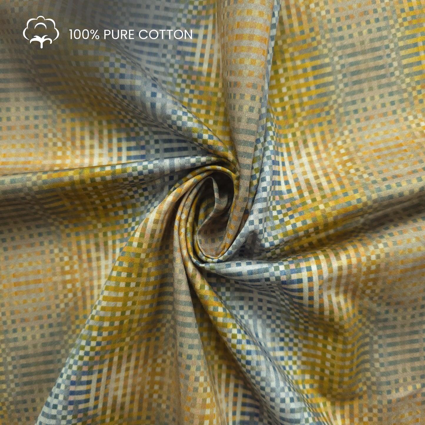 Golden Grid Printed Satin Fabric