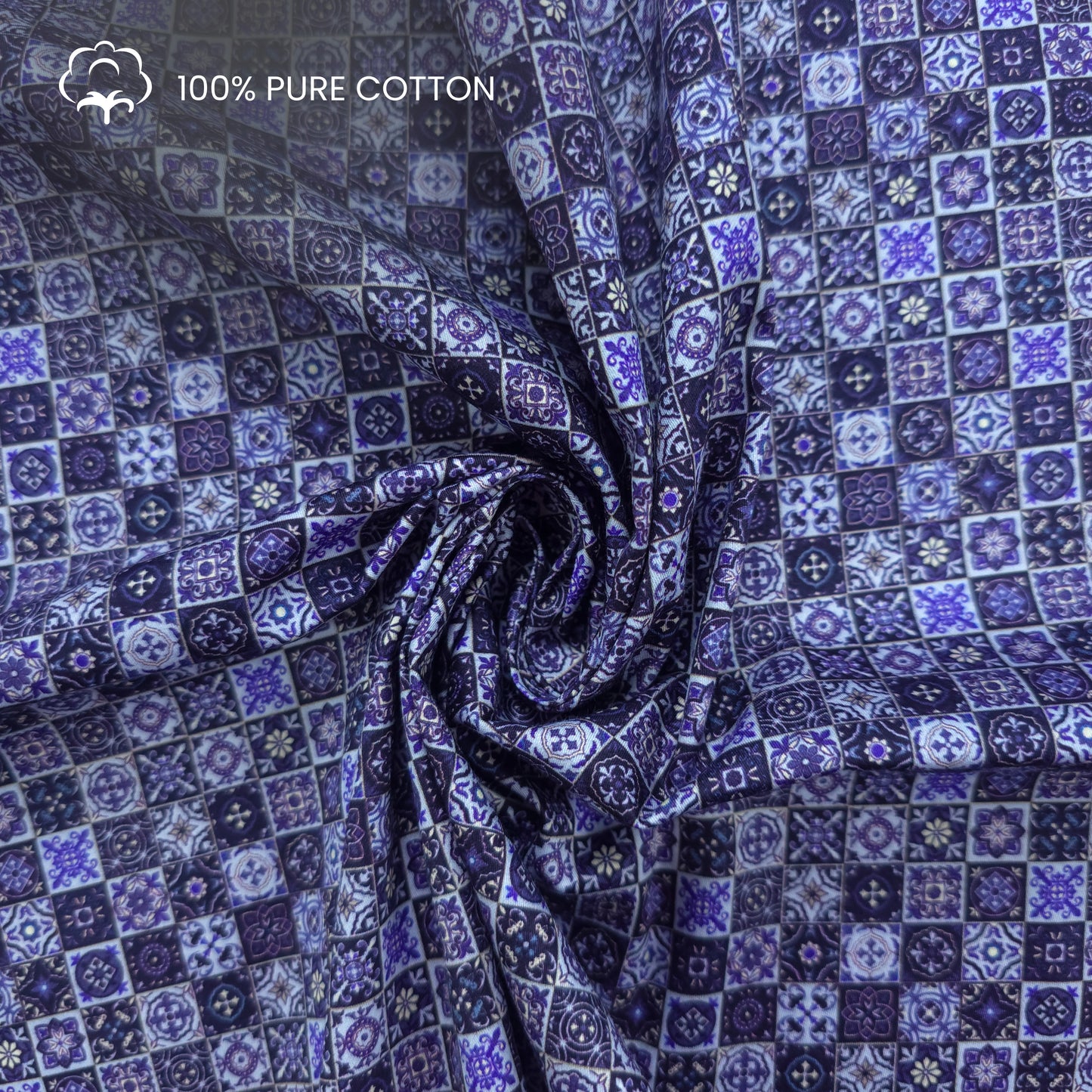 Vintage Tile Motif Printed Satin Fabric