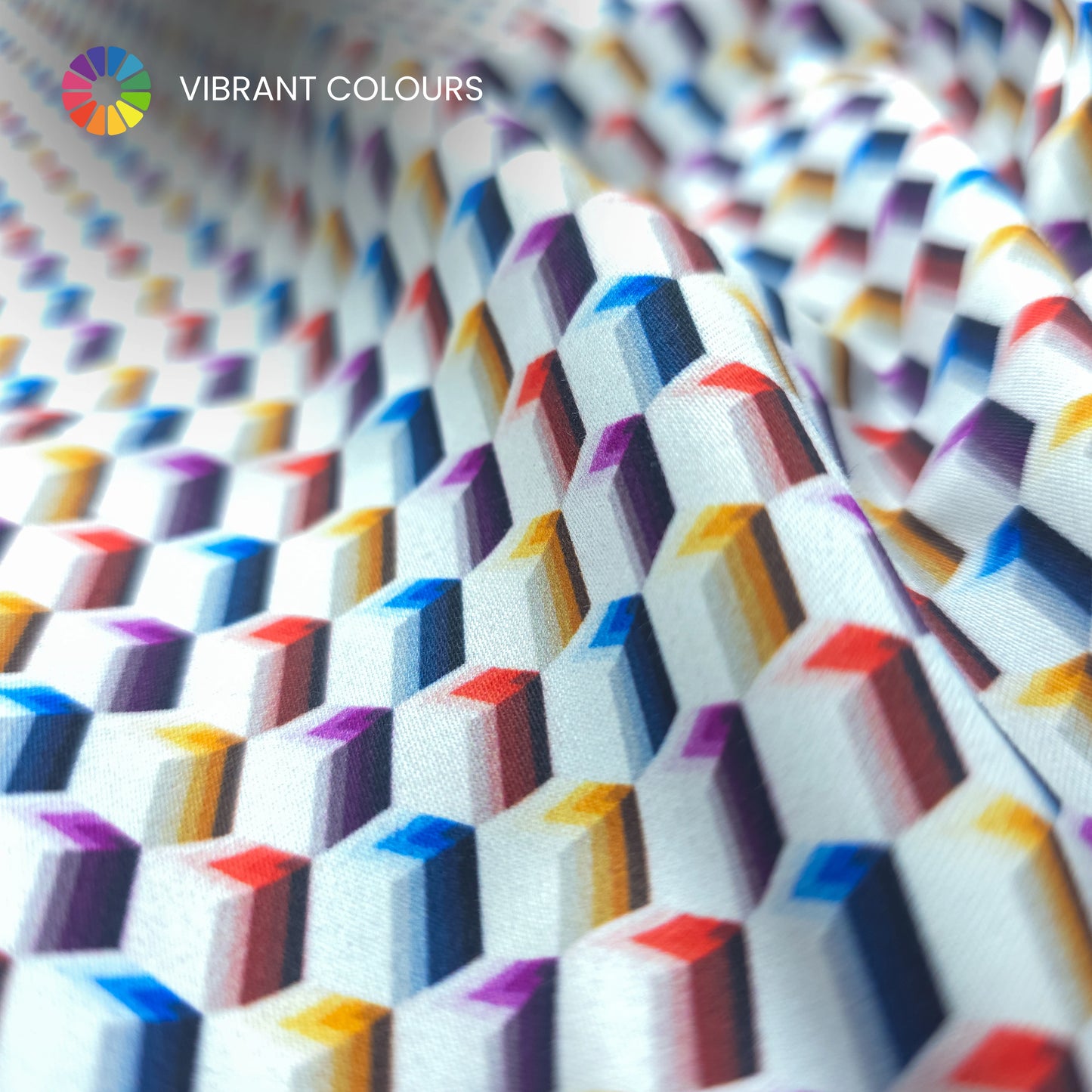 Multicolor Geometric Block Printed Satin Fabric