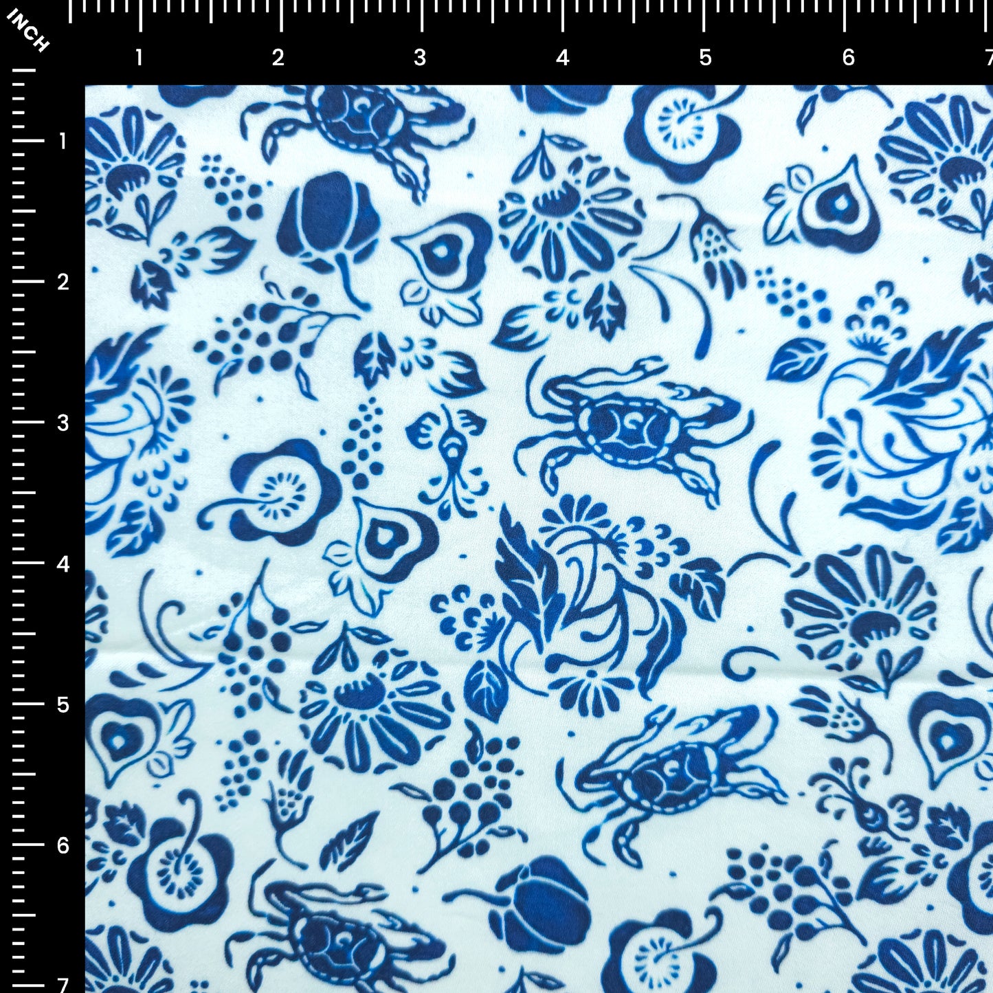 Blue Floral Crab Printed Satin Fabric