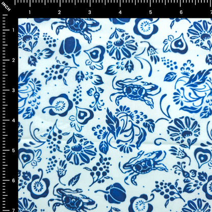 Blue Floral Crab Printed Satin Fabric