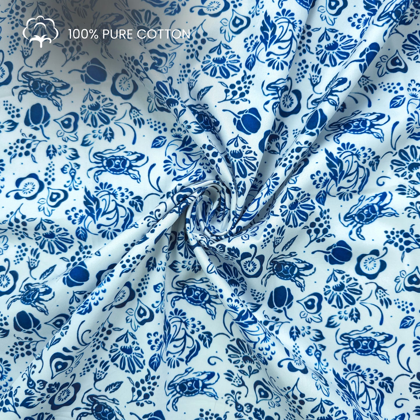 Blue Floral Crab Printed Satin Fabric
