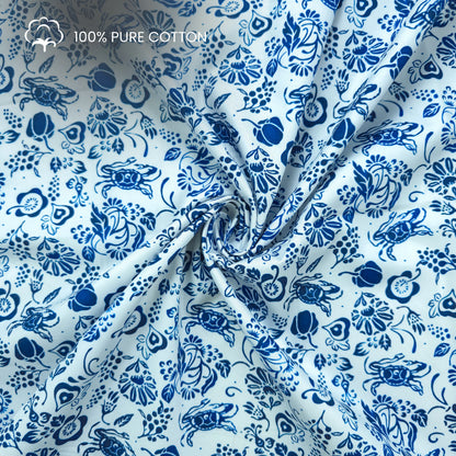 Blue Floral Crab Printed Satin Fabric