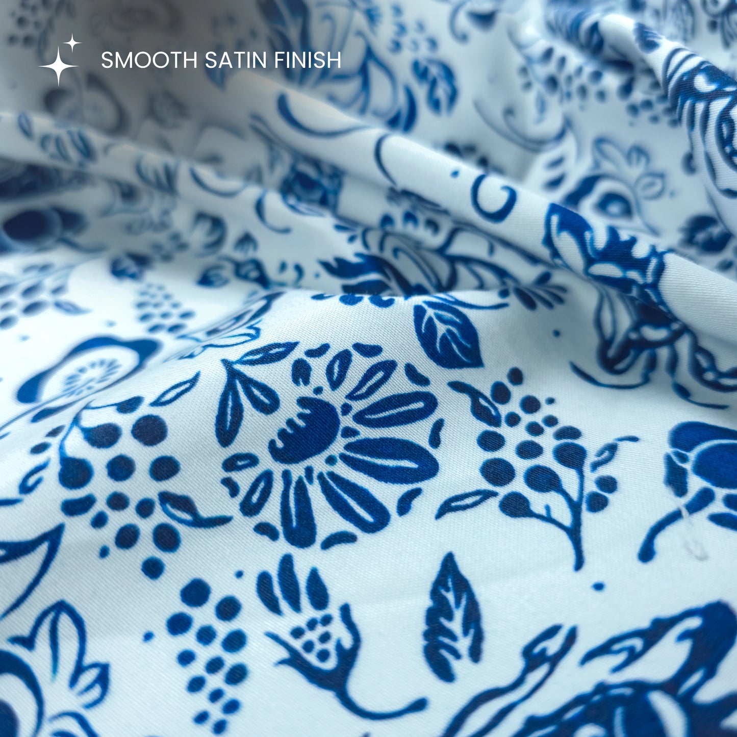 Blue Floral Crab Printed Satin Fabric
