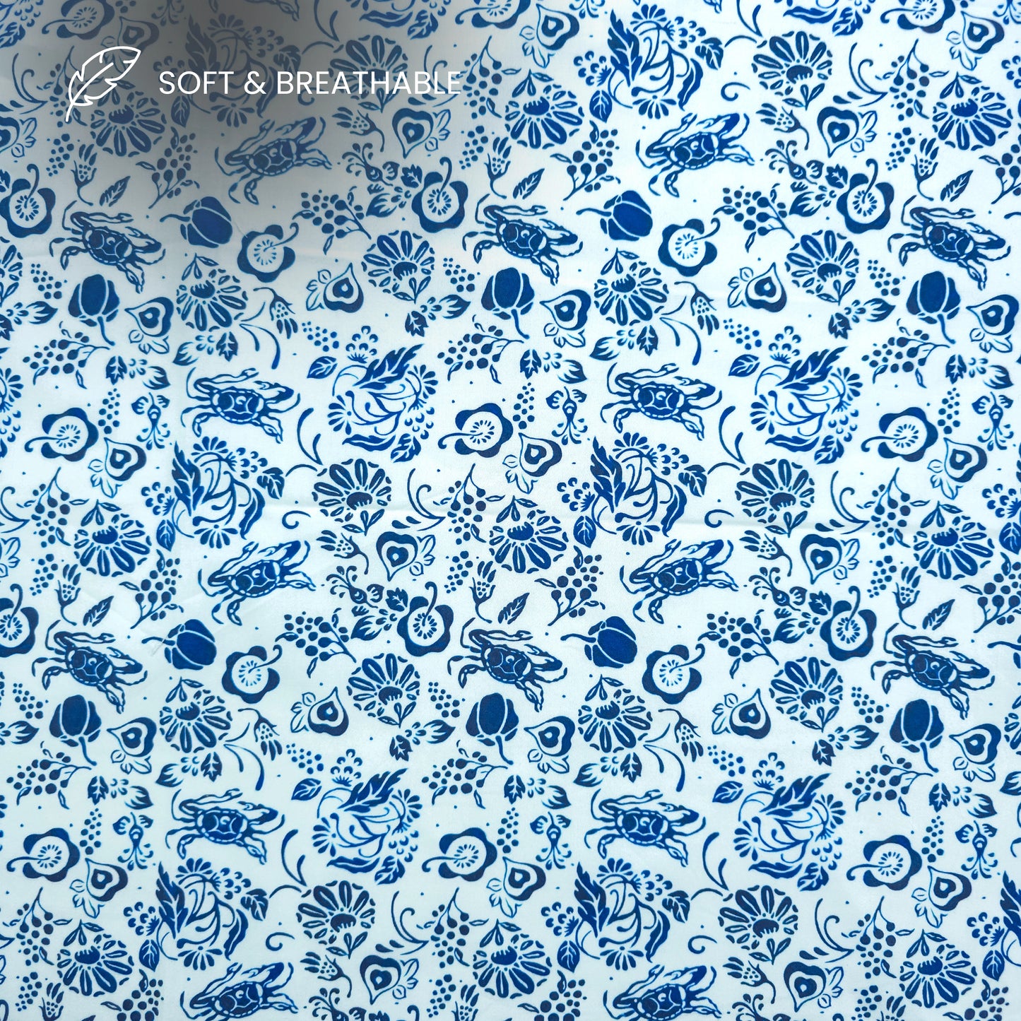 Blue Floral Crab Printed Satin Fabric
