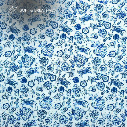 Blue Floral Crab Printed Satin Fabric