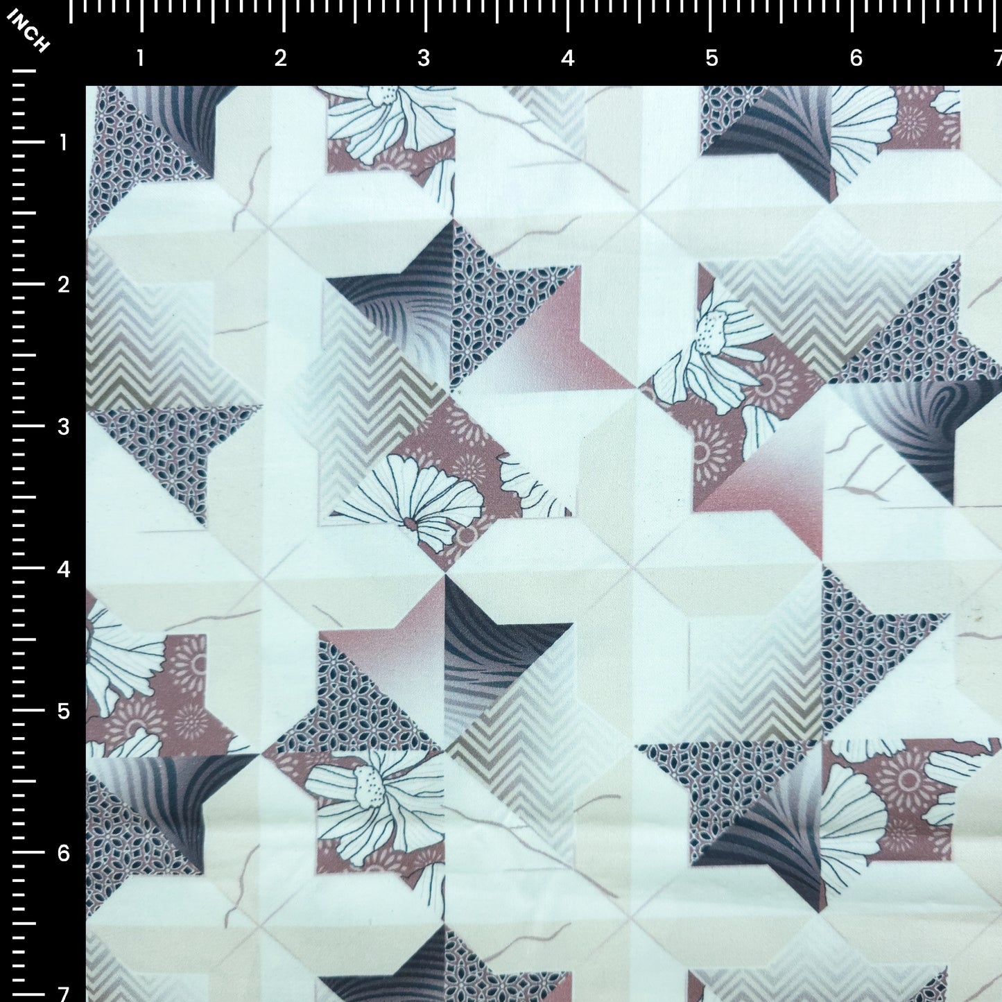 Abstract Floral Geometric Patchwork Printed Satin Fabric
