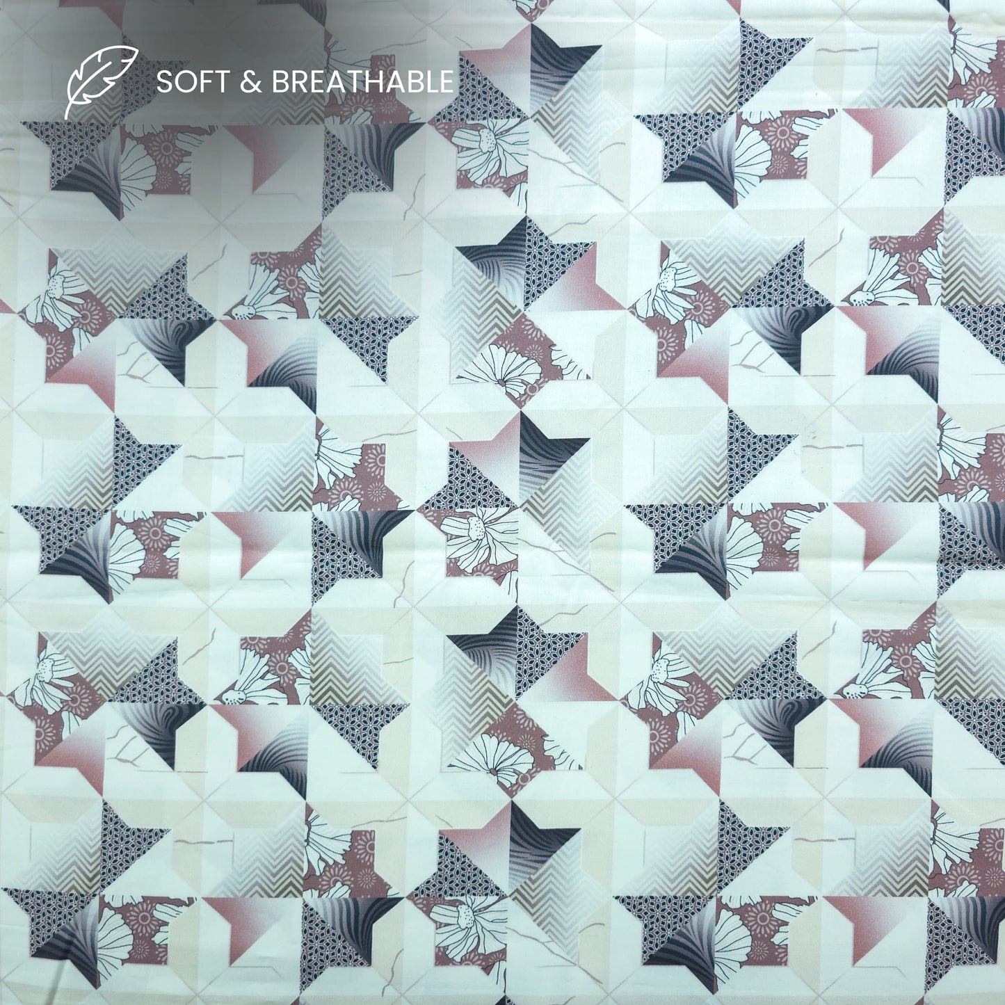 Abstract Floral Geometric Patchwork Printed Satin Fabric