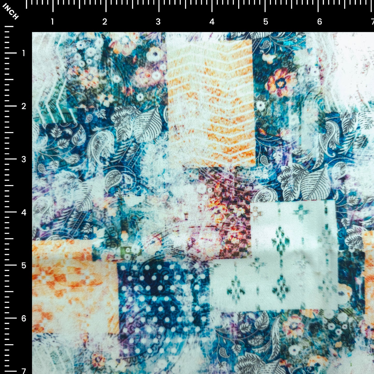 Artistic Floral Patchwork Printed Satin Fabric