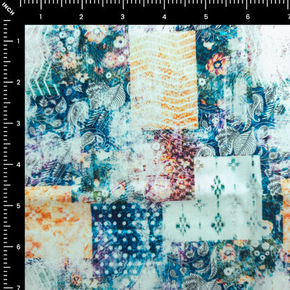 Artistic Floral Patchwork Printed Satin Fabric