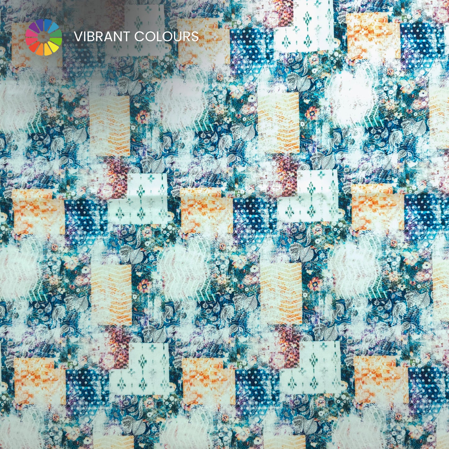 Artistic Floral Patchwork Printed Satin Fabric