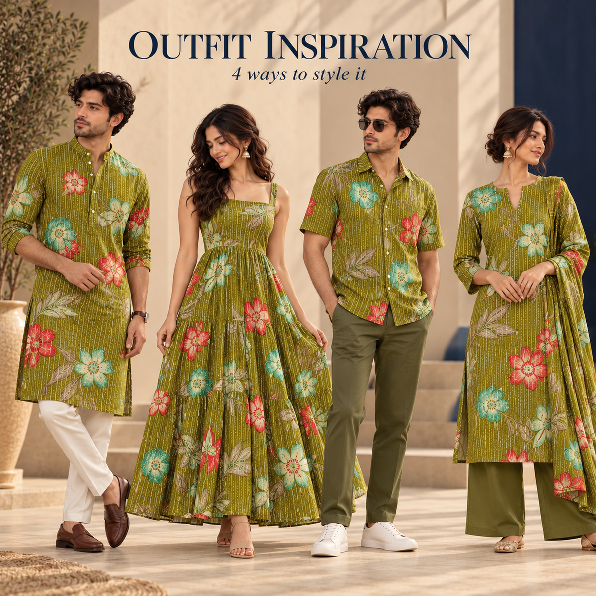 Vibrant Garden Floral Katha Work Rayon Foil Print Fabric - Lemon Green