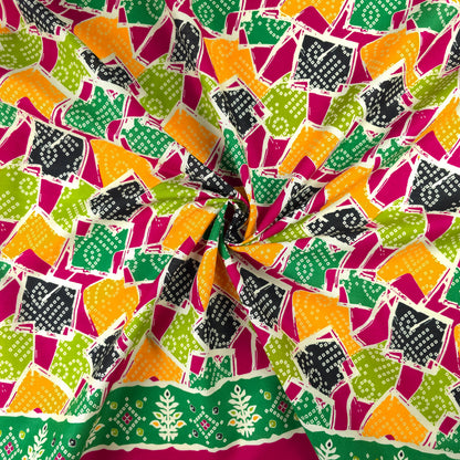 Jaipuri Patchwork Geometric Printed Poplin Fabric with Border