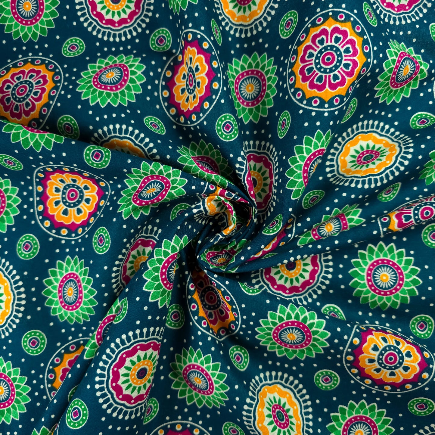 Jaipuri Floral Medallion Printed Poplin Fabric with Border