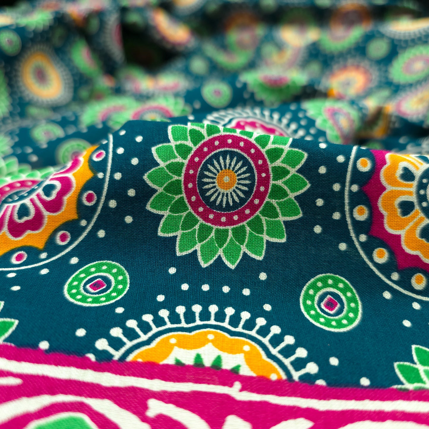 Jaipuri Floral Medallion Printed Poplin Fabric with Border