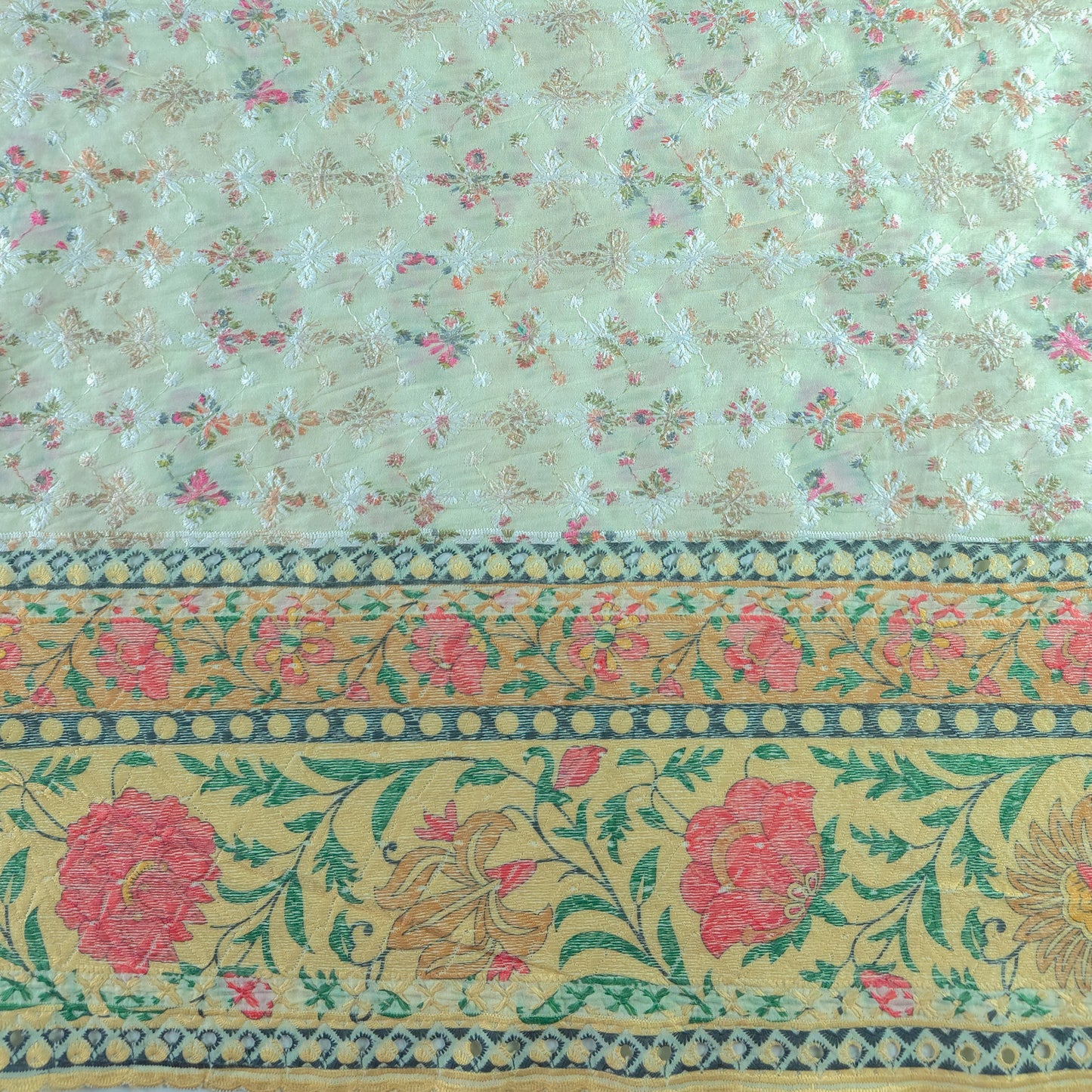 Vintage Floral Schiffli Cambric Fabric with Border