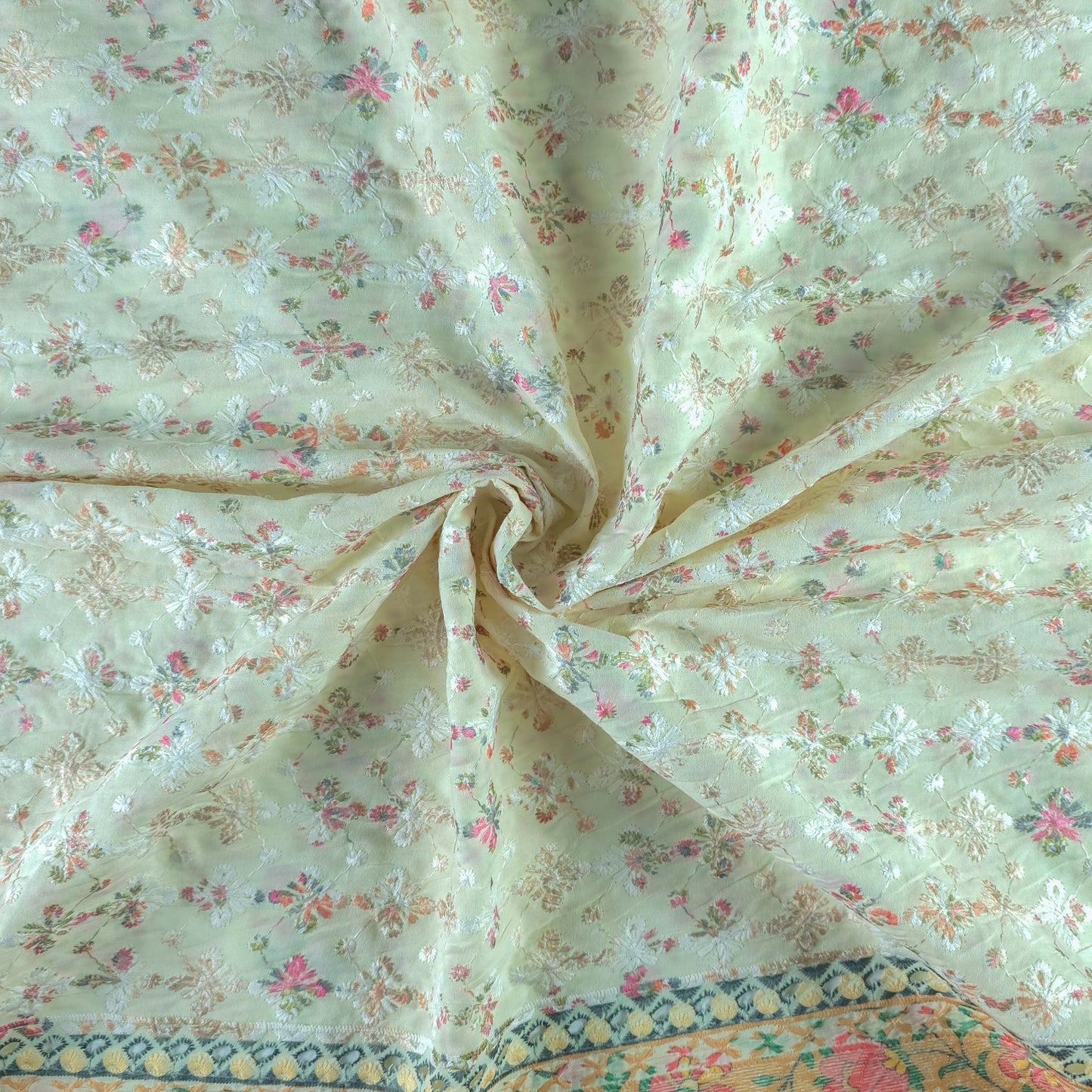 Vintage Floral Schiffli Cambric Fabric with Border
