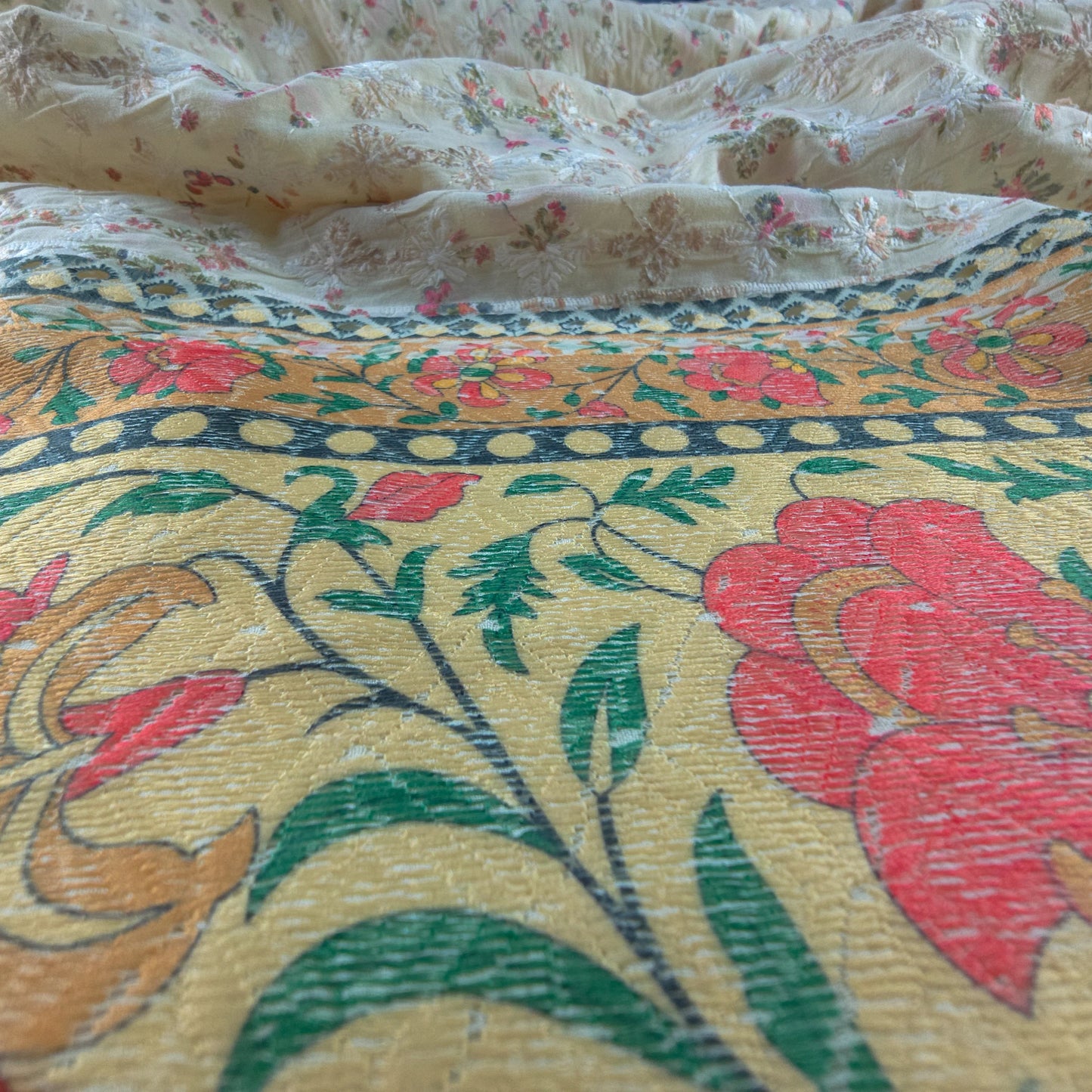 Vintage Floral Schiffli Cambric Fabric with Border