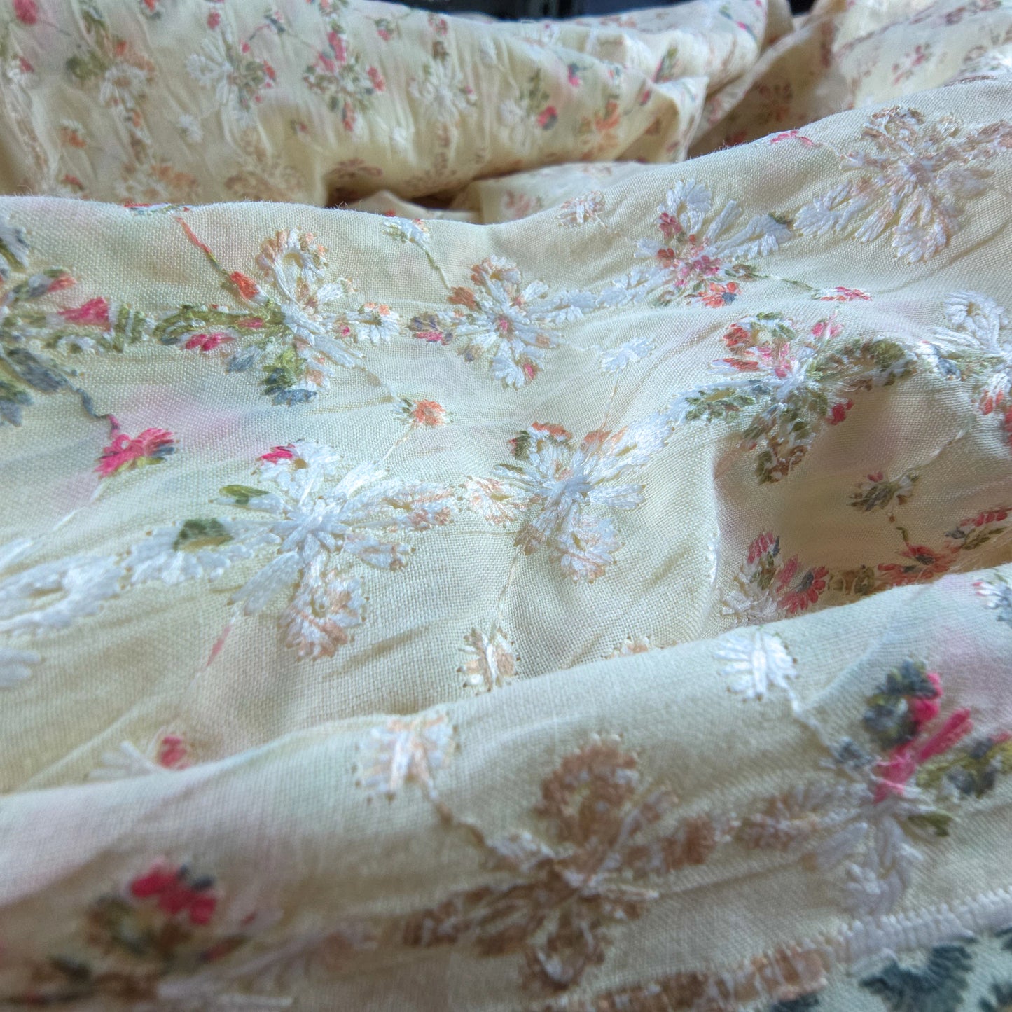 Vintage Floral Schiffli Cambric Fabric with Border