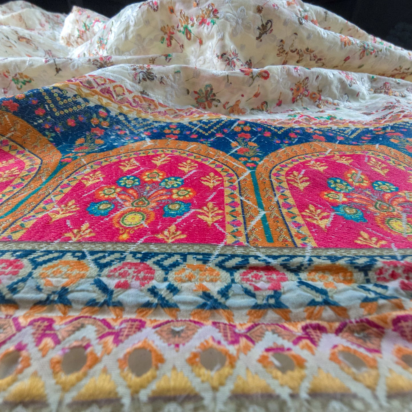 Vintage Mughal Border Schiffli Cambric Fabric