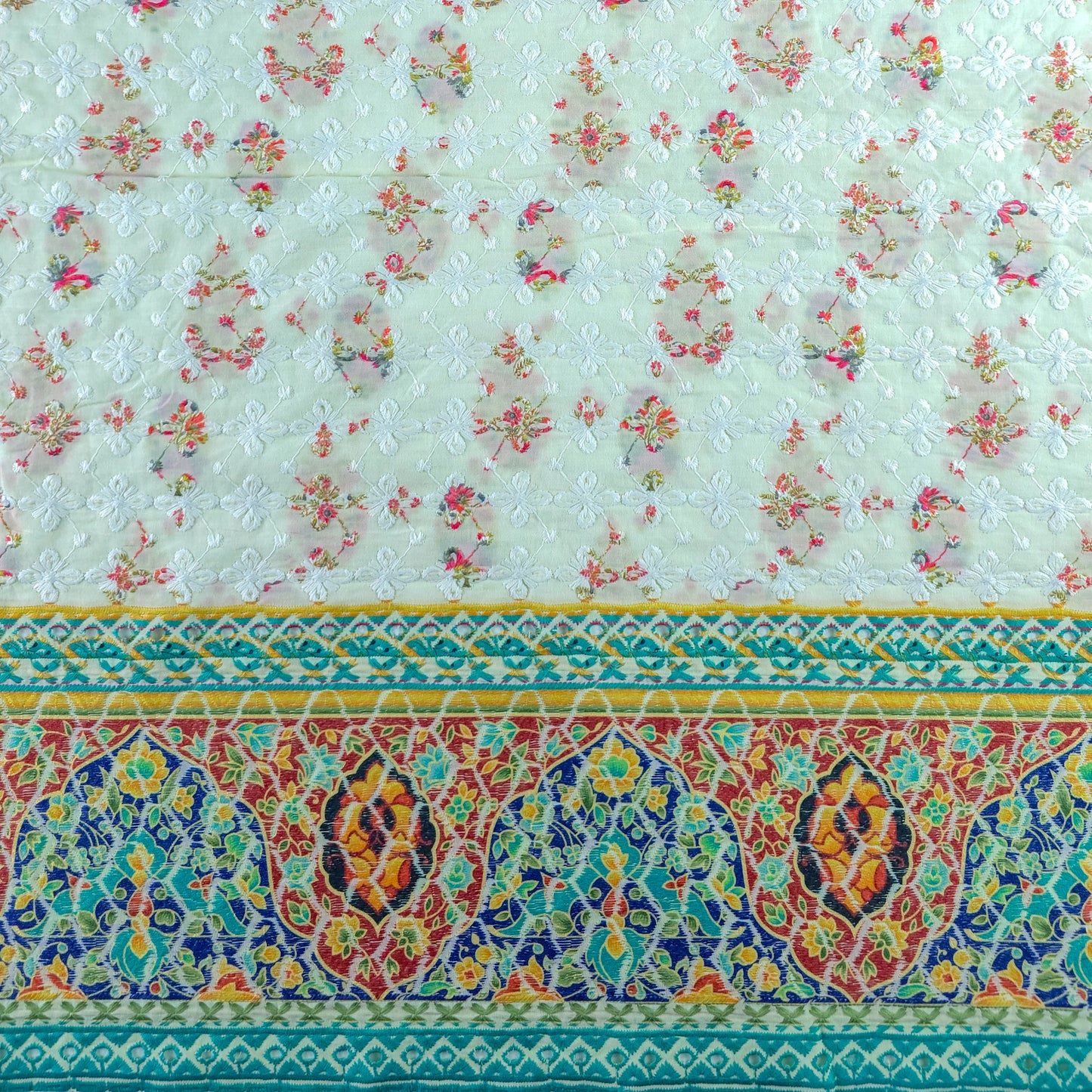 Royal Mughal Floral Border Schiffli Cambric Fabric