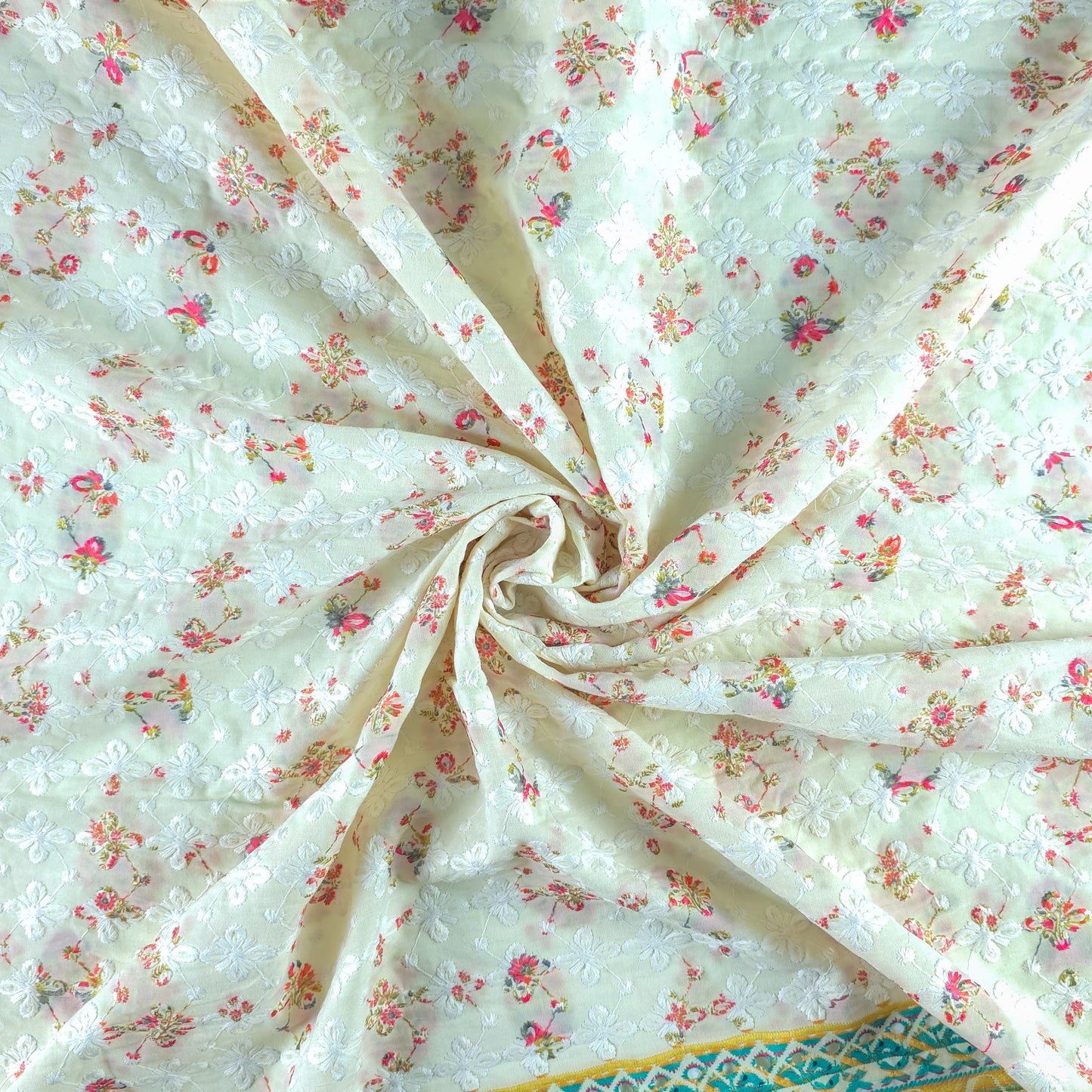 Royal Mughal Floral Border Schiffli Cambric Fabric