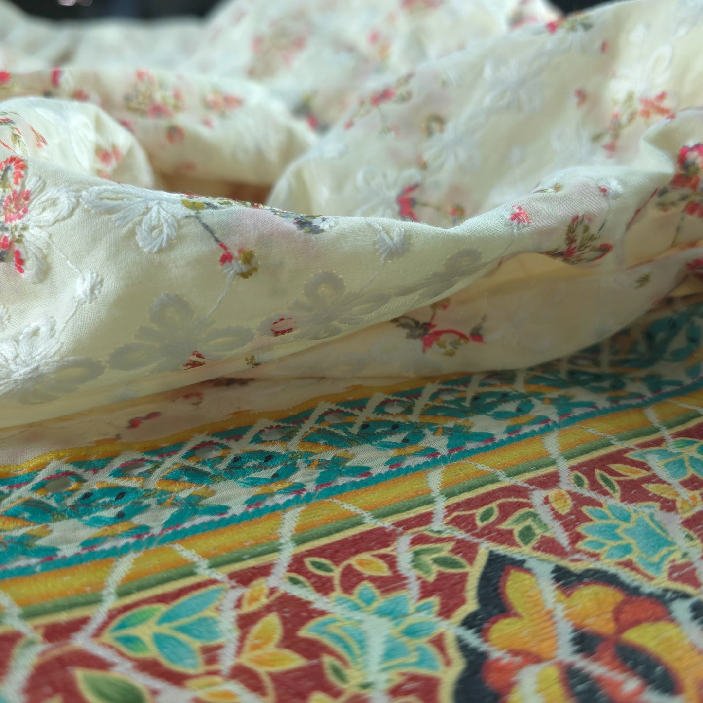 Royal Mughal Floral Border Schiffli Cambric Fabric