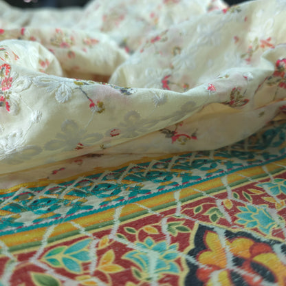 Royal Mughal Floral Border Schiffli Cambric Fabric