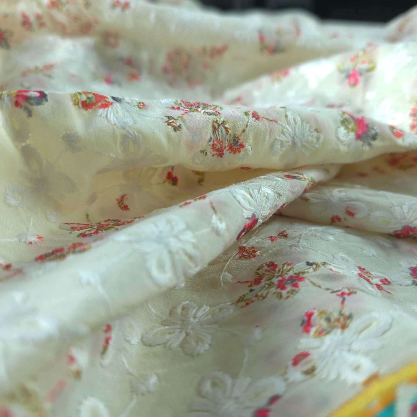 Royal Mughal Floral Border Schiffli Cambric Fabric