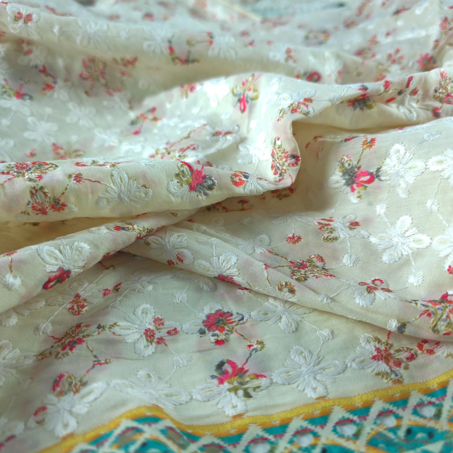 Royal Mughal Floral Border Schiffli Cambric Fabric