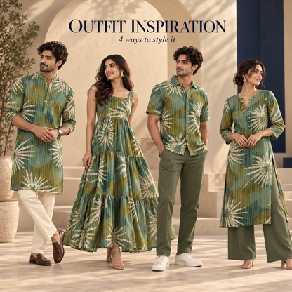 Botanical Burst Katha Foil Print Rayon Fabric - Green