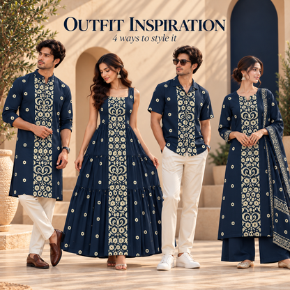 Ornamental Geometric Border Dhabu Cotton Fabric - Navy Blue