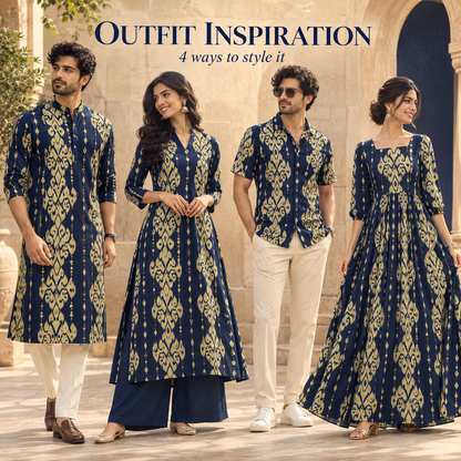Ornate Geometric Damask Dhabu Cotton Fabric - Navy Blue