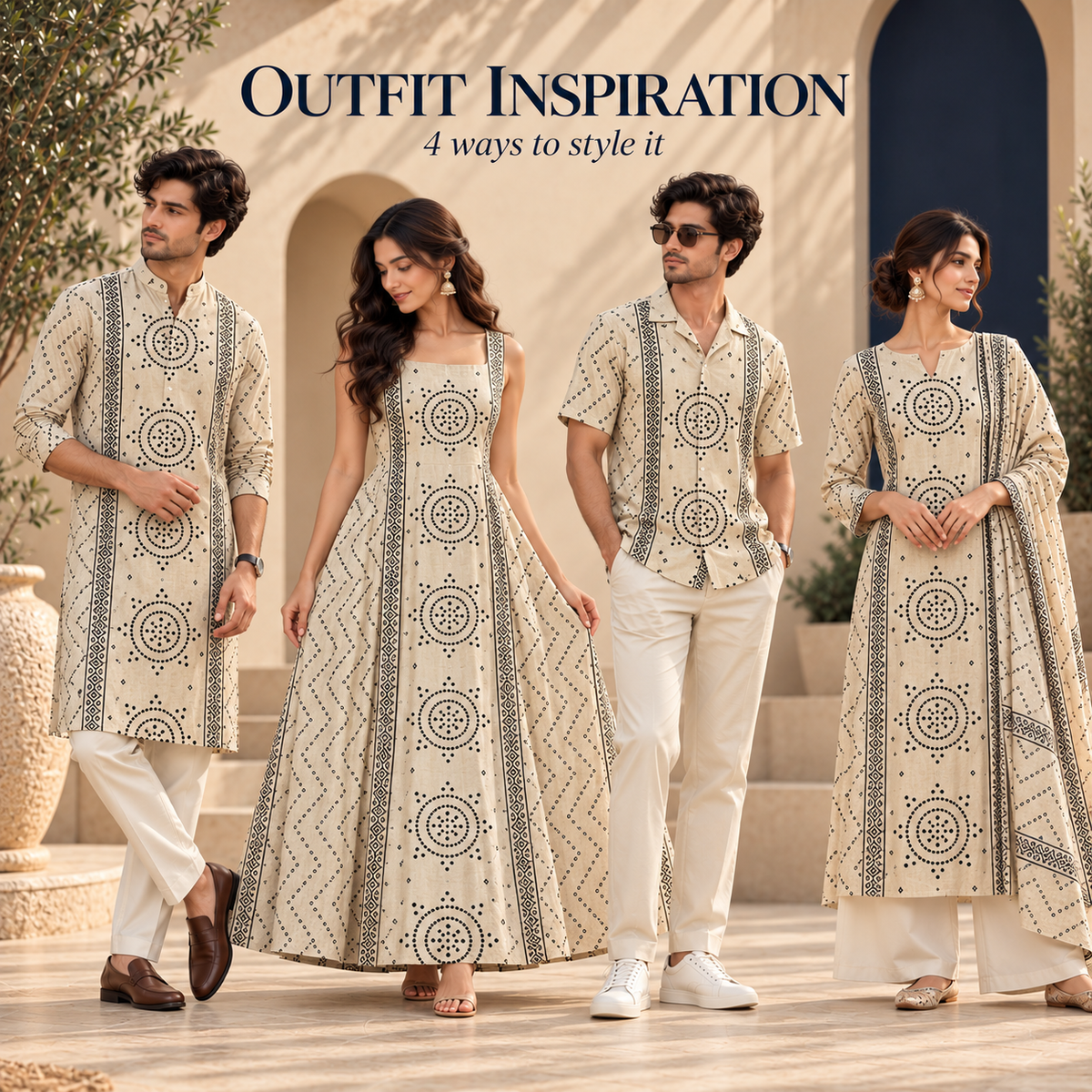 Geometric Medallion Dhabu Cotton Printed Fabric - Cream