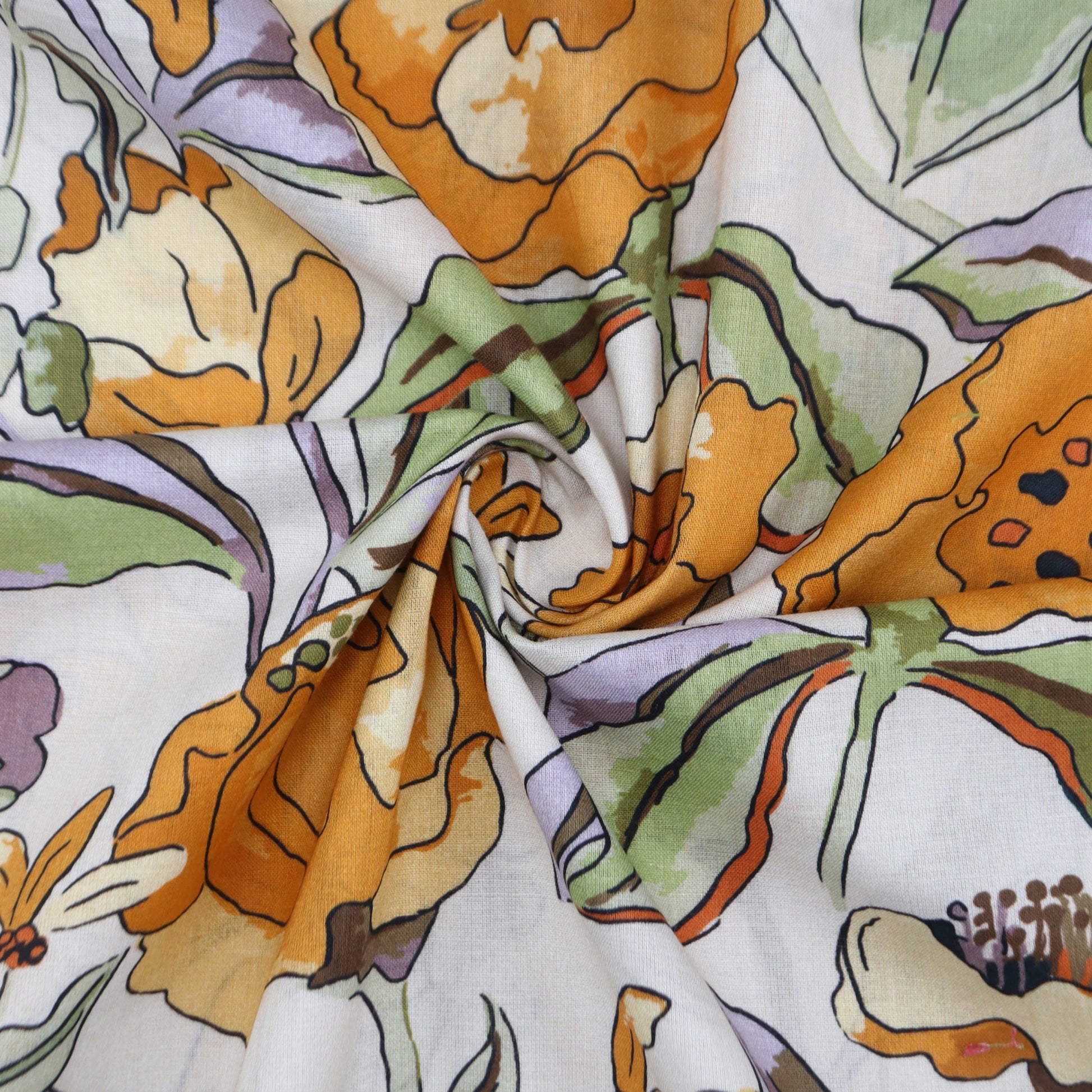 Elegant Floral Sketch Cambric Fabric - Kapaas
