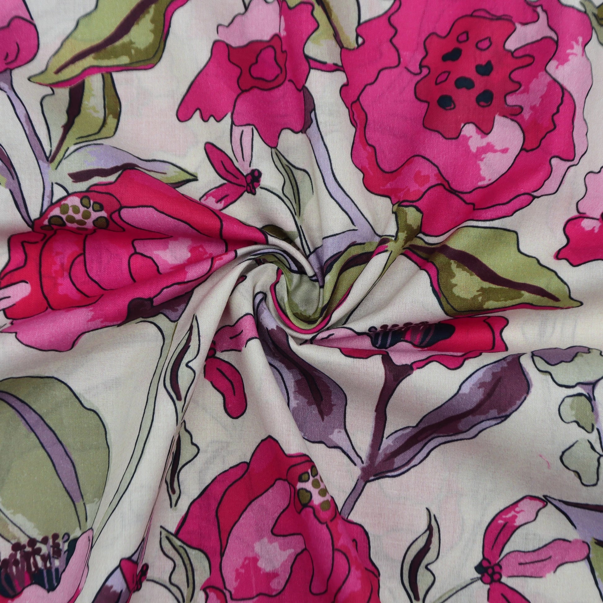 Elegant Floral Sketch Cambric Fabric - Kapaas