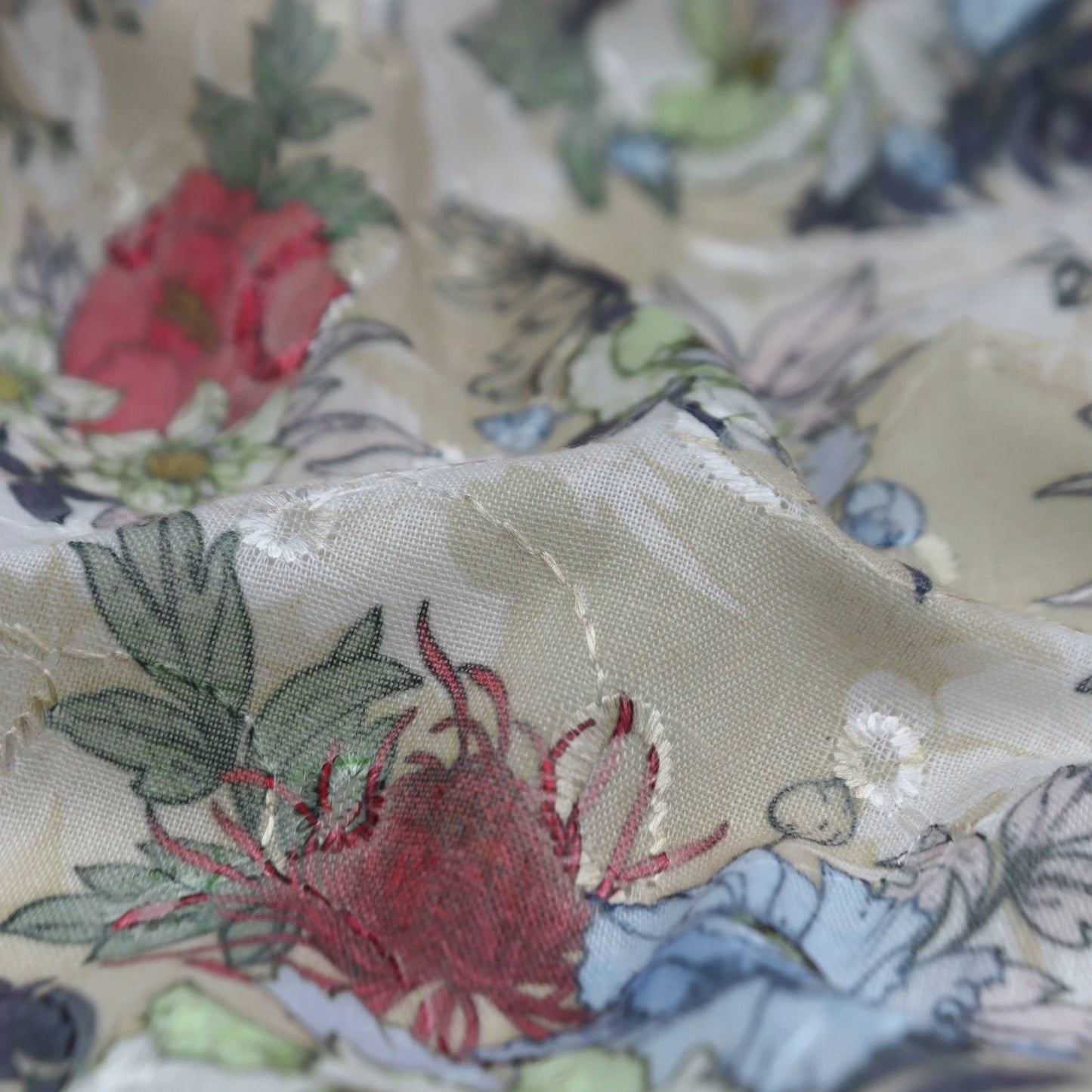 Artistic Floral Sketch Print Cotton Fabric - Kapaas