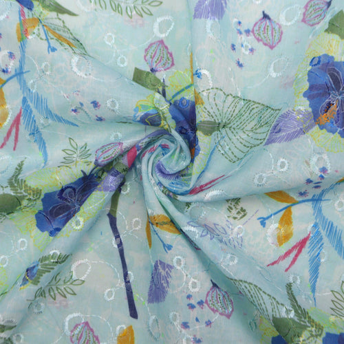 Abstract Floral Printed Schiffli Poly-Cotton Fabric